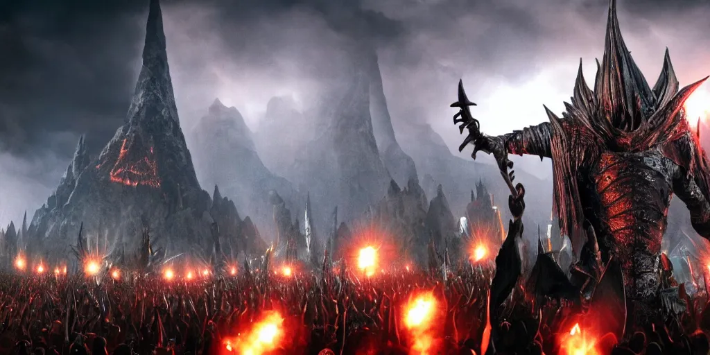 Image similar to Sauron playing guitar in a rock concert to a crowd of 5000 orcs in Mordor, epic, realistic, 8k resolution, detailed, cinematic lighting, cinematic