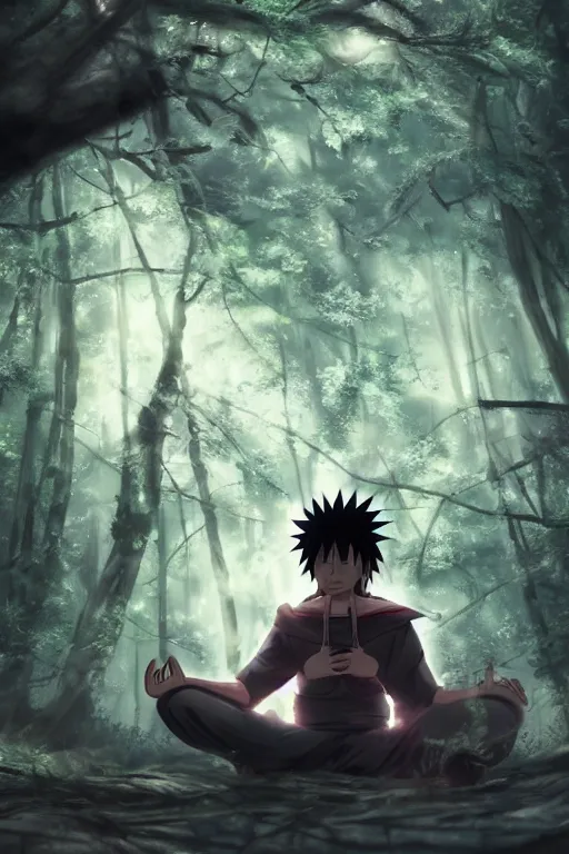 Image similar to photorealistic dark fantasy concept art of Naruto meditating in a forest, dynamic lighting, stunning visuals, realism, cinematic, hyper detailed, ultra detailed, beautiful visuals and sunset