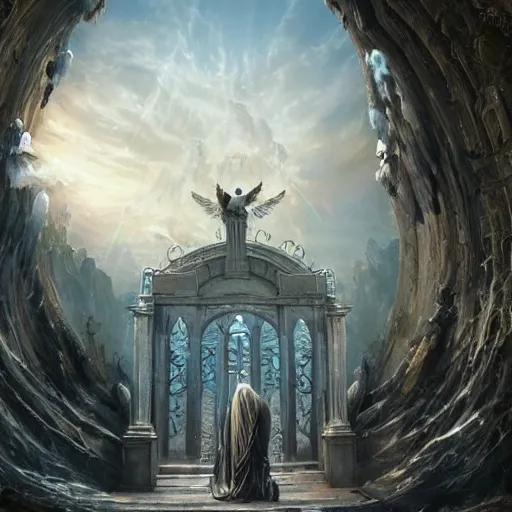 Prompt: the gates of heaven with angels, hyper realistic, in the style of greg rutkowski, fantasy, amazing detail,