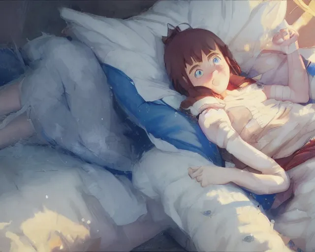 Image similar to a brunnete girl with blue eyes and puffy cheeks lying happy in her bed, close up shot from the top, anime art, Greg Rutkowski, studio ghibli, dramatic lighting