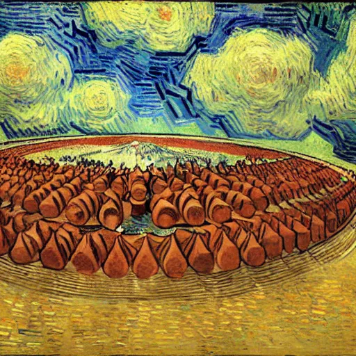 Image similar to a giant triangular dumpling with meat in the center eats people in the city of the future, people run and scream, by van gogh, realism, futurism