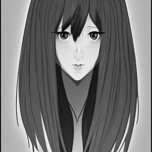 Prompt: portrait of a beautiful korean girl with very long hair and bangs, angular features, angry expression, wearing a black hoodie, in the style of A-1 studio, extremely clean lines, anime and manga style, anime concept art