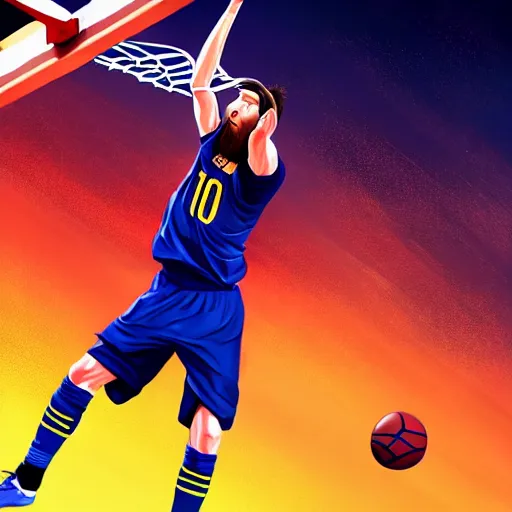 Image similar to Messi dunking on Ronaldo in basketball, D&D, fantasy, intricate, elegant, highly detailed, digital painting, artstation, concept art, matte, sharp focus, illustration