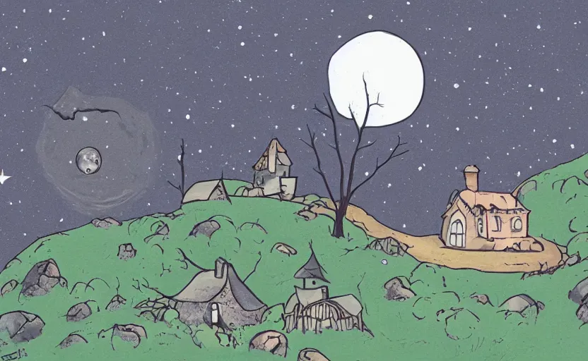 Image similar to a witch's cottage on a lonely hill against a giant moon, color ink, storybook, gouache, flat, concept art, lush
