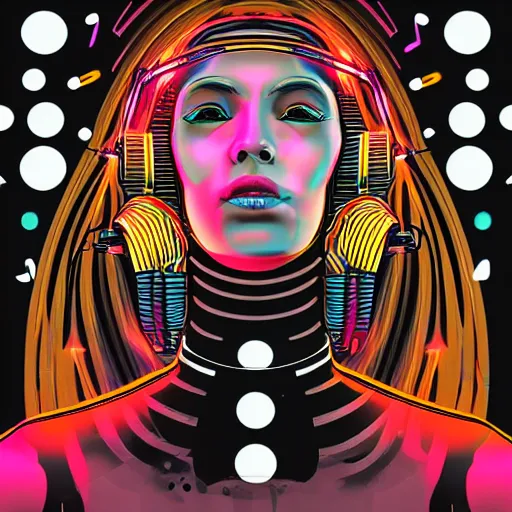 art of female cyborg playing techno music, choker, | Stable Diffusion