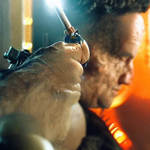 Prompt: gun made from old egg beater, balding older cyborg repairing, red hot soldering iron, dark messy smoke - filled cluttered workshop, dark, dramatic lighting, orange tint, cinematic, highly detailed, sci - fi, futuristic, movie still from blade runner