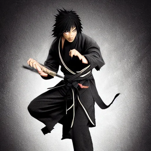 Image similar to demon martial artist, handsome japanese demon boy, young adult yokai with long spiky black hair, vampire, vantablack gi, simple clothes, ultra realistic, intricate details, highly detailed, subsurface scattering, photorealistic, octane render, 8 k, art by artgerm, greg rutkowski, magali villeneuve, alphonse mucha