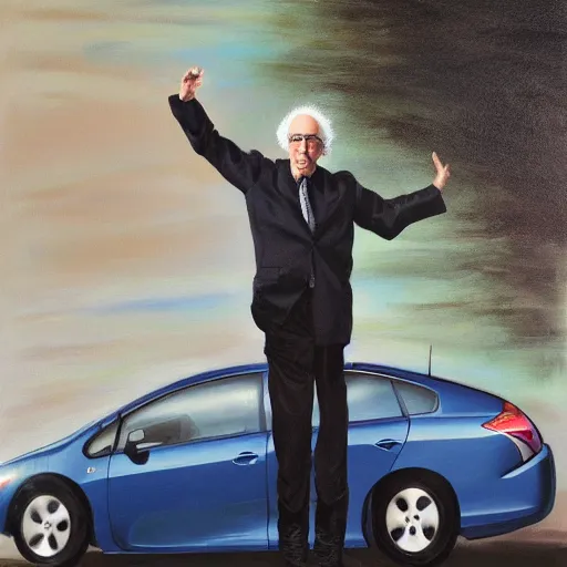 Prompt: larry david standing on top of 2009 prius, painting