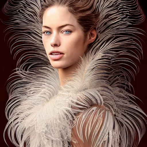 Image similar to 8 5 mm f 1. 8 portrait of a girl that is a mixture between claudia guarnierni and doutzen kroes, she is about 2 5 years old, long curly hair, she is wearing a ornate costume with feathers by iris van herpen, highly detailed, digital painting, artstation, smooth, sharp foccus, artstation hq