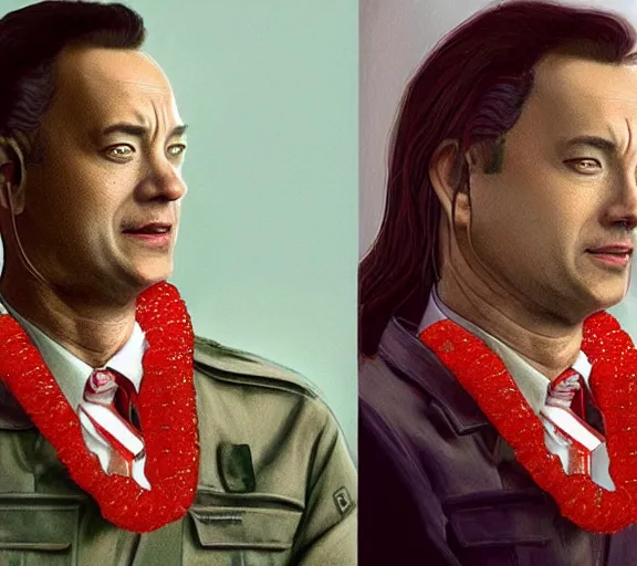 Image similar to Tom hanks as forrest gump wearing a necklace made out of shrimps, realistic face, digital art, in the style of Raphael Lacoste, amazing detail, artstation