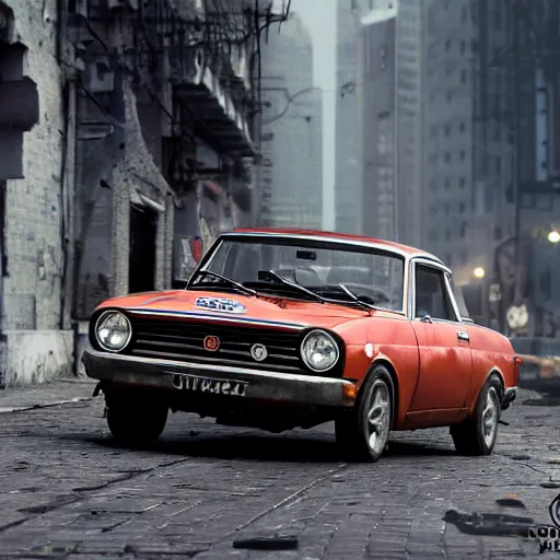 Image similar to closeup photo of vin diesel driving fiat 1 2 4, lada 2 1 0 1 2 1 0 6 zhiguli, ultra realistic, highly detailed, city, cinematic, art by jan urschel and neil blevins