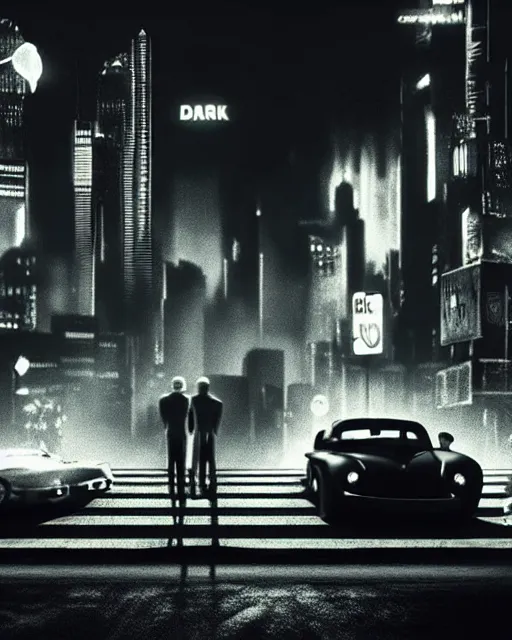 Prompt: hyper-realistic scene from sin city 2, dark city streets with cars and people in the distance, glowing lights, low key, 8k, trending on twitter