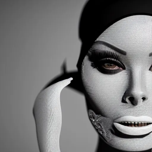 Image similar to ultra detailed, beautiful natural light, studio lights, rim light, isabelledeltore wearing a white mask with black wires on her head, featured on behance, net art, made of wire, 5 0 mm lens, elegant, hyper realistic, ultra detailed, octane render, volumetric lighting, 8 k post - production