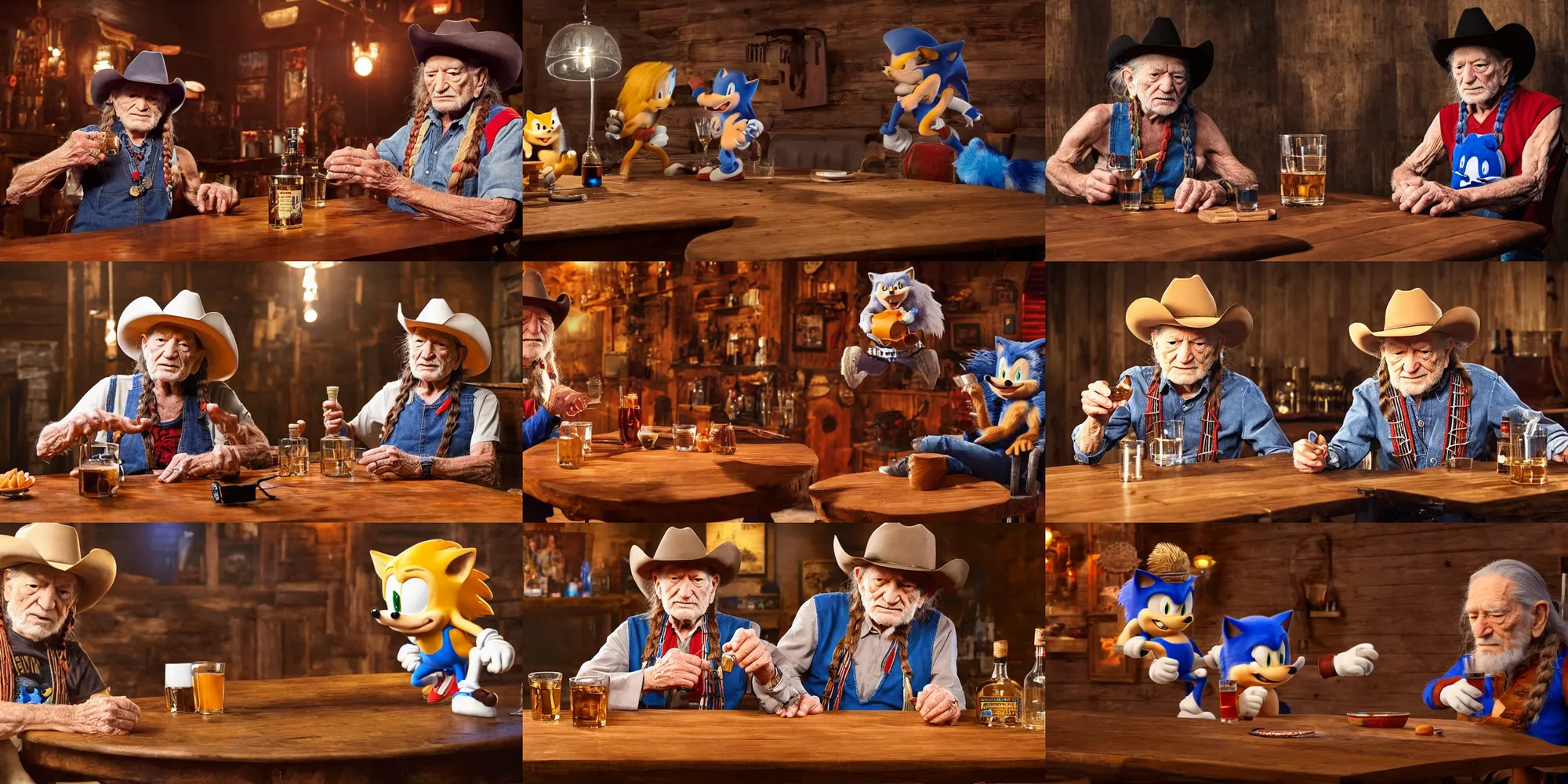 Prompt: willie nelson drinking whiskey together at a wooden table with sonic the hedgehog in a vest wearing a cowboy hat, cinematic lighting, imax photography 4 k