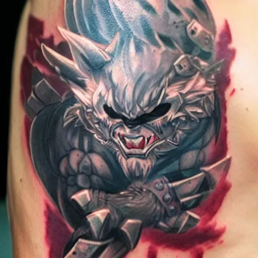 Image similar to a tatoo of rengar from league of legends,