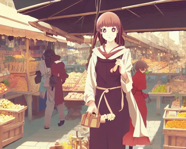 Image similar to anime visual, portrait of a young female traveler in an open medieval market shopping, cute face by yoh yoshinari, katsura masakazu, cool studio lighting, dynamic pose, dynamic perspective, strong silhouette, anime cels, ilya kuvshinov, cel shaded, crisp and sharp, rounded eyes, moody