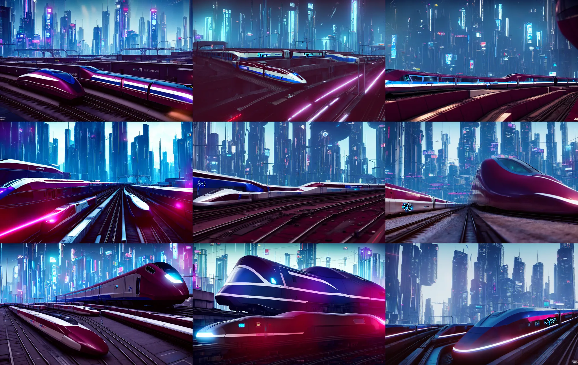Prompt: modern maglev train speeding though a city, hard lighting, 8k, maroon and blue accents, metallic reflections, star citizen origin 890Jump, central focus, close up, cyberpunk 2077, skyline in background, award winning photography