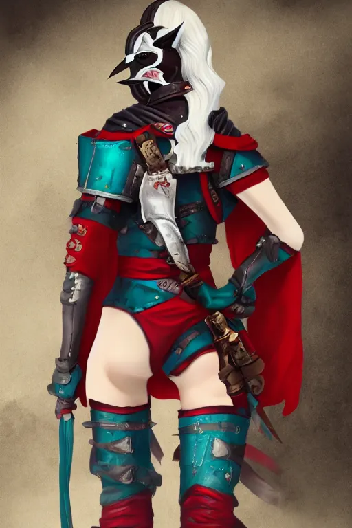 Image similar to female adventurer in tight full - body teal leather armor of japanese design with red accents and a white porcelain crow mask, trending in artstation, japanese, establishing shot