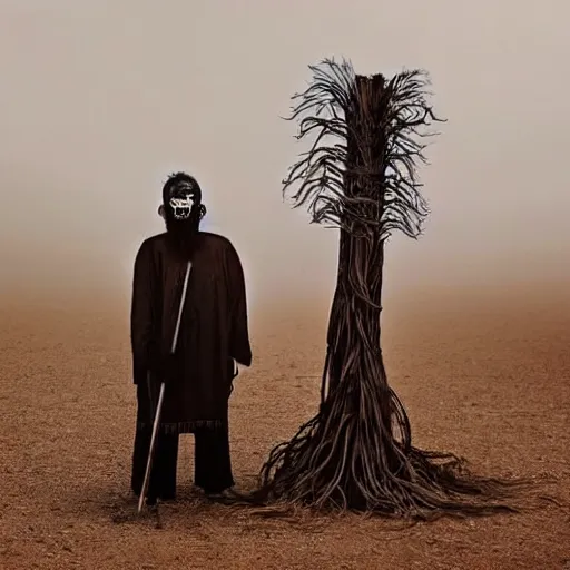 Prompt: full body shot of hanging old asian man with long beard, his head covered in roots, full face occult silver mask, bright multiple glowing eyes, holding a large carved wooden dark fractal stick, hanging upside down, thick smoke around him, in the burning soil desert, cinematic shot, wide angle, dark desert background, volumetric lighting by Denis Villeneuve, Lubezki, Gaspar Noe, Christopher Doyle and Alejandro Jodorowsky, anamorphic lens, anamorphic lens flares, kodakchrome, cinematic composition, practical effects, award winning photo, 8k