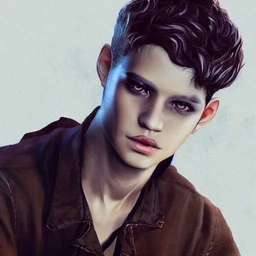 Prompt: a handsome wavy brown haired blue eyed young man with delicate features dressed as lead singer in a boy band. By Sakimichan, Geoffroy Thoorens, Trending on ArtStation. Masterpiece. Rule of thirds.