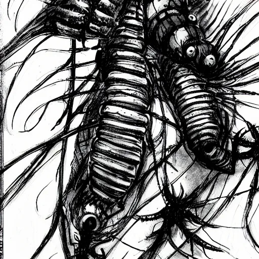 Prompt: caterpillar crawling on the wall, tsutomu nihei background, ink pen