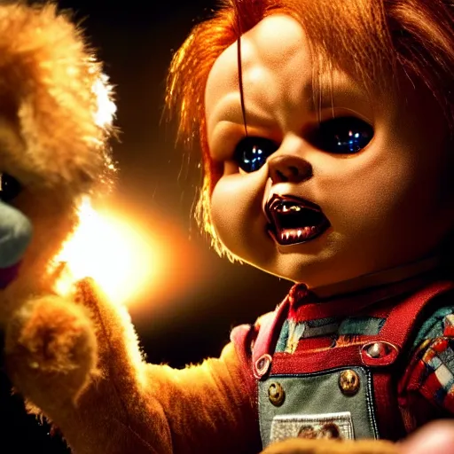Prompt: stunning awe inspiring chucky the killer doll fighting a teddy bear, movie still 8 k hdr atmospheric lighting