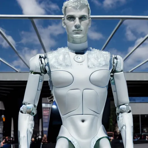 Image similar to made of ice, a realistic detailed photo of a guy who is an attractive humanoid who is half robot and half humanoid, who is a male android, on display, blank stare, showing off his muscles, shiny skin, posing like a statue, by the pool, frozen ice statue, f 1 driver max verstappen, humanoid robot