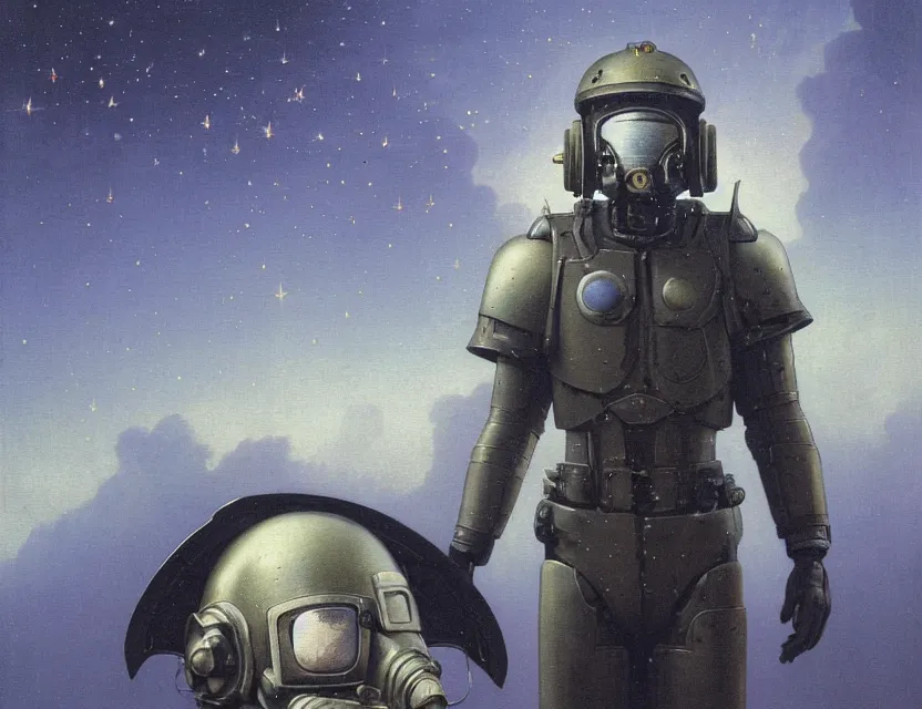 Image similar to a detailed portrait painting of a lone bounty hunter wearing combat armour and a reflective visor. Head and chest only. Dieselpunk elements. Movie scene, cinematic sci-fi scene. Flight suit, cloth and metal. portrait symmetrical and science fiction theme with lightning, aurora lighting. clouds and stars. Atmospheric. Futurism by moebius beksinski carl spitzweg moebius and tuomas korpi. baroque elements. baroque element. intricate artwork by caravaggio. Oil painting. Trending on artstation. 8k