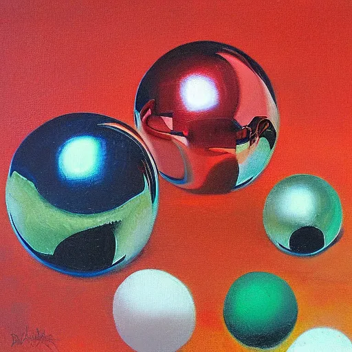 Prompt: chrome spheres on a red cube by william bliss baker