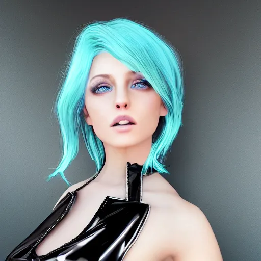 Image similar to “hyperrealistic ultra detailed unreal engine 5 RTX raytracing nvidia hairworks render of portrait of the most beautiful girl with blue eyes and white hair. heavens background. She has amazing silver jevelery. Nose piercing. Black shiny Latex designer dress . Ultra realistic face Rainbow. Grymes inspires. Wonderful landscape on the background. Photo. Photorealistic. Beautiful makeup”