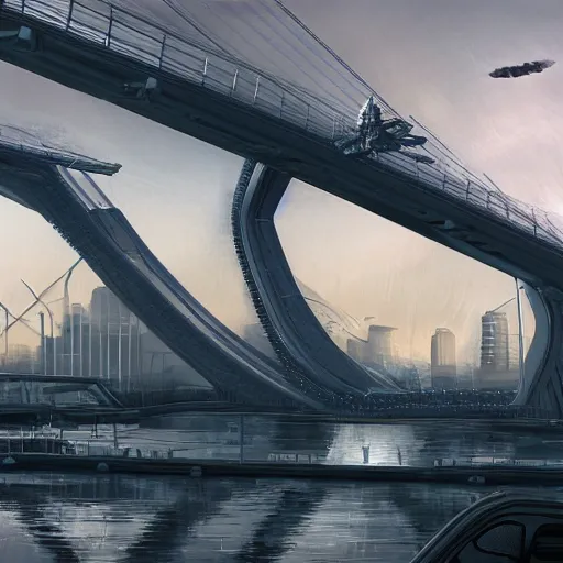 Image similar to The Erasmus Bridge during an alien invasion, hyperdetailed, artstation, cgsociety, 8k