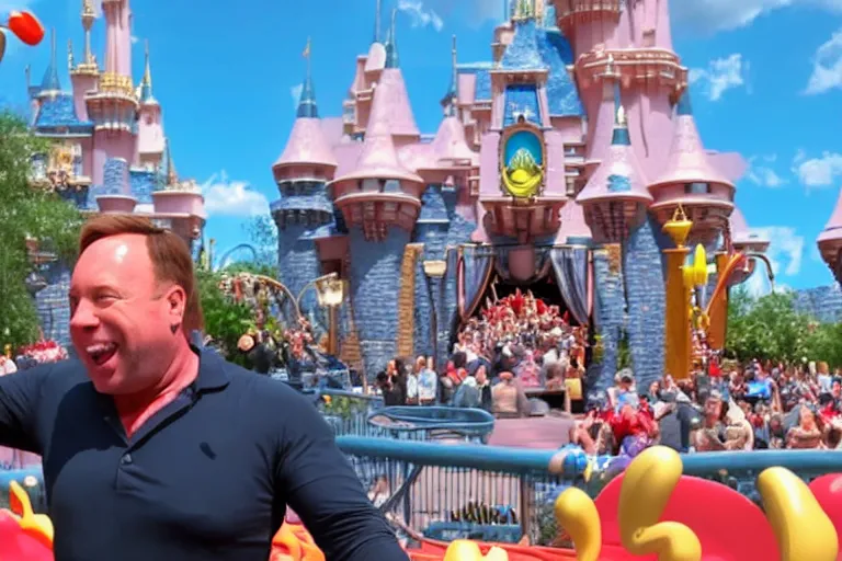 Prompt: alex jones riding the dumbo ride at disney world, movie still, 8 k, portrait