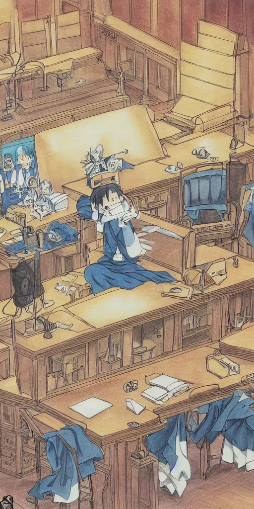 Prompt: a court room with a justice scale on the desk, drawn by a famous anime artist Hayao Miyazaki, high quality, fine lines, amazing detail. colored, intricate ink painting, the justice tarot card, psychedelia,