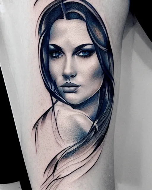 Image similar to tattoo design sketch of a beautiful blue - eyed woman face with a faded background of beautiful mountains on her side, hyper - realistic, in the style of den yakovlev, amazing detail, black and white