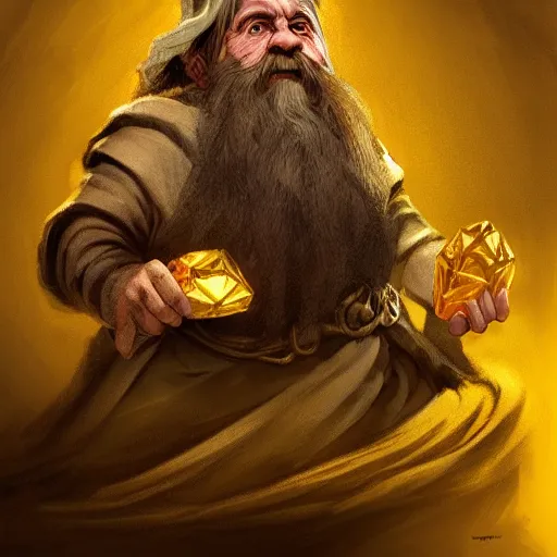 Prompt: portrait of a dwarf showing off the humongous raw gold nugget with organically sculpted lines, realistic, beautiful, fantasy art, dnd, lord of the rings, mid - shot, moody lighting, by eyvind earle, wlop, artgerm, concept art, sharp focus, ray tracing