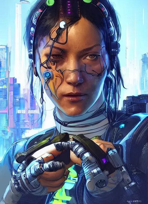Image similar to maria. apex legends cyberpunk weight lifter. concept art by james gurney and mœbius. gorgeous face, cinematic, dramatic lighting ( cyberpunk 2 0 7 7 ), clean aesthetic