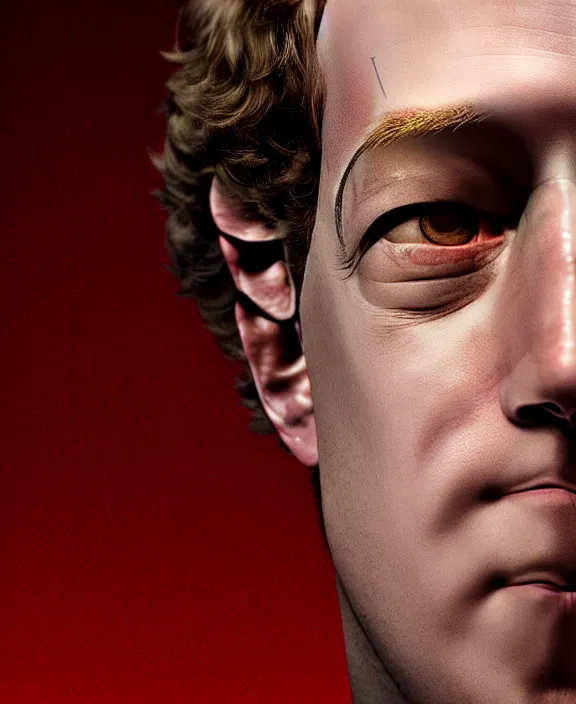 Image similar to Mark Zuckerberg with a glowing red steampunk eye implant by Steohan Martiniere and Moebius, 4k resolution, detailed