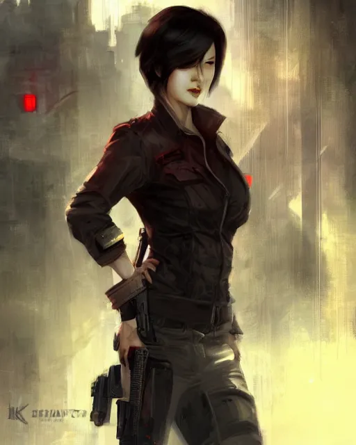 Prompt: battle hardened, sly, cunning, rugged ada wong, face centered portrait, confident, ruined cityscape, zombies, fog, rain, volumetric lighting, soft light particles floating near her, illustration, perfectly shaded, soft painting, art by krenz cushart and wenjun lin