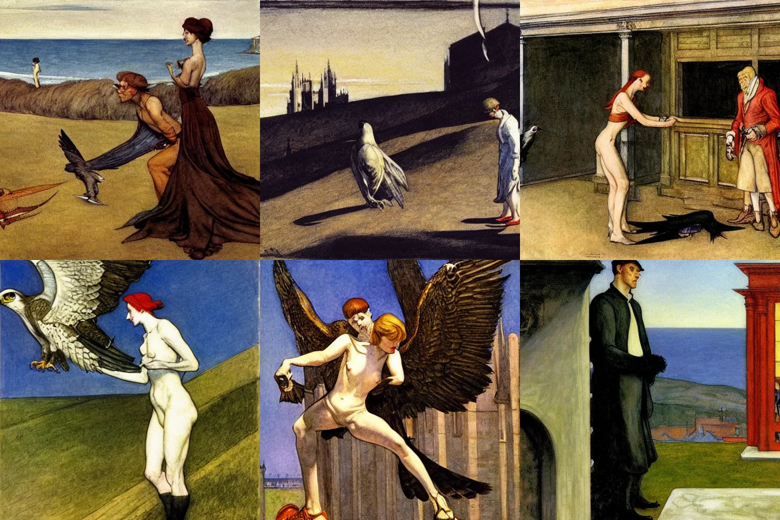 Prompt: a falcon flies away from the falconer. painting by edward hopper, arthur rackham and milo manara