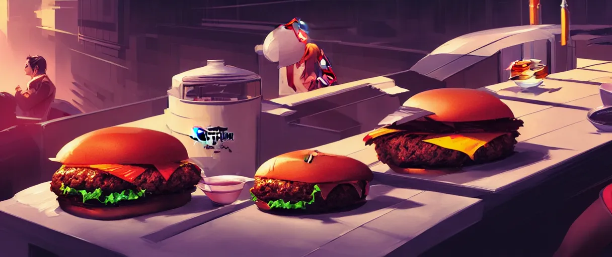 Image similar to hyperrealistic hyper detailed graphic novel choonky catman crushing burgers concept art james paick syd mead sharp cinematic lighting 8k wide angle shallow depth of field