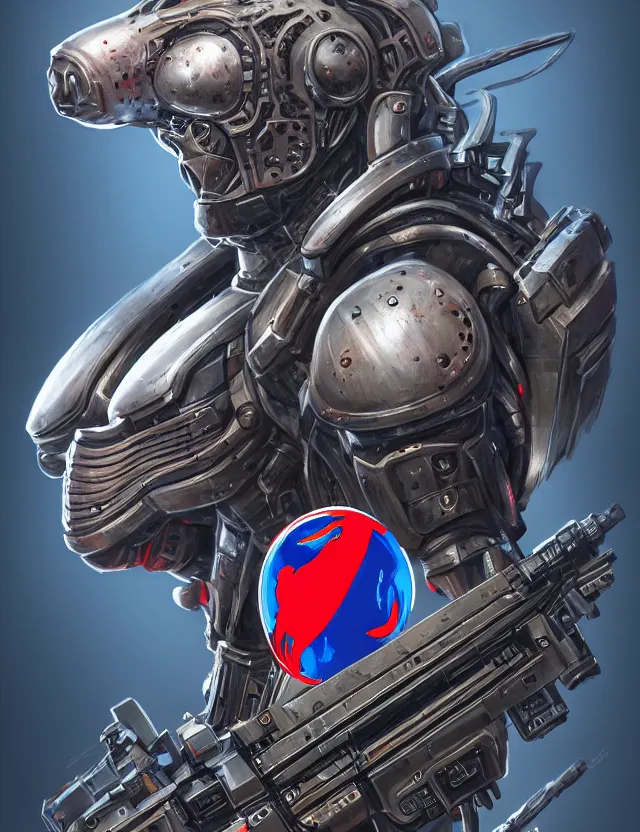 Image similar to a portrait of a tactical exoskeleton with miniguns painted with the pepsi logo, by moebius and tyler edlin and hr giger, trending on artstation, digital art, 4 k resolution, detailed, high quality, sharp focus, hq artwork, coherent, insane detail, concept art