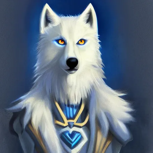 Image similar to furry ( fandom ) art of a cute anthropomorphic white wolf with blue accents and blue eyes, digital art, painting, trending on furaffinity