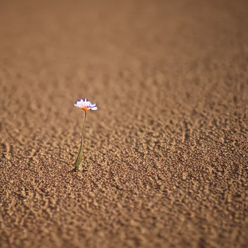 Image similar to a single small pretty desert flower blooms in the middle of a bleak arid empty desert, sand dunes, clear sky, low angle.