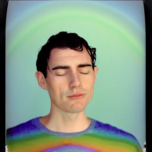 Image similar to a professional polaroid portrait photo of a beautiful man with an asymmetrical face with his eyes closed. the man has black hair, light freckled skin and a look of panic on his face. extremely high fidelity. key light. rainbow light bleed, film burn.