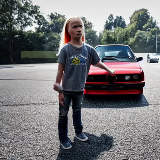 Prompt: close - up of angry greta thunberg with a bmw m 3 e 3 0 in the background, spewing black smoke from it's exhaust