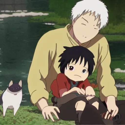 Prompt: guy with a pet in anime made by studio ghibli beautiful scene, smooth, detailed, detailed face, 8k