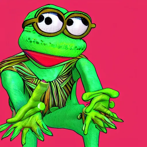 Image similar to a 3 d render of a pepe dressed in hippie clothes