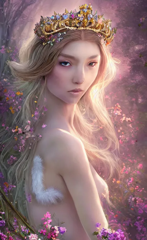 Prompt: A beautiful fantasy empress, highly detailed full body, just one head, amazing flower tiara, long hair, wearing aristocrat robe, delicate figure, field of flowers, among foxes and deer, epic composition, ultra wide-shot, dynamic pose, concept art, beautifully lit, digital painting, smooth, character design, sharp focus, elegant, intricate, trending on artstation, by WLOP and James Jean and Victo Ngai