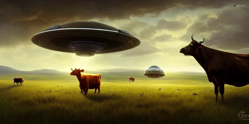 Image similar to a beautiful ufo abducting a cow from a field, digital art, landscape, fantasy art, octane render, unreal engine, high detail, very realistic, by greg rutkowski. by james gurney