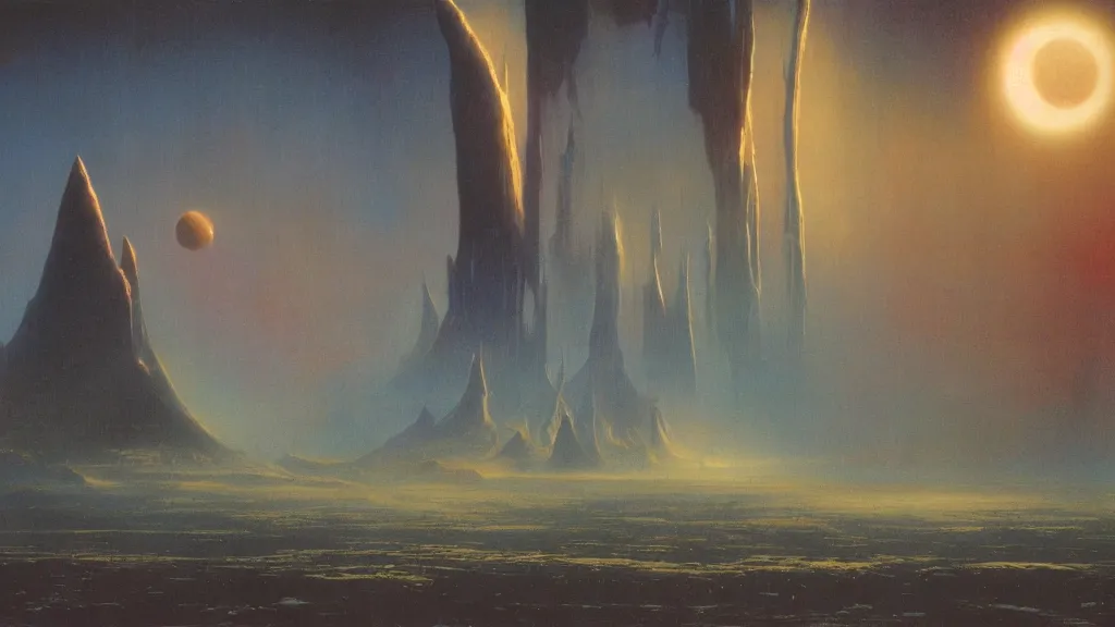 Prompt: otherworldly atmosphere of emissary space by arthur haas and bruce pennington and john schoenherr, cinematic matte painting